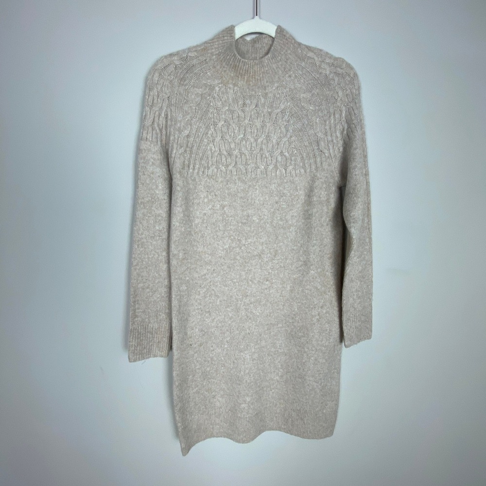 Mint Velvet Cable Knit Yoke Sweater Dress Small Beige Mock Neck Career